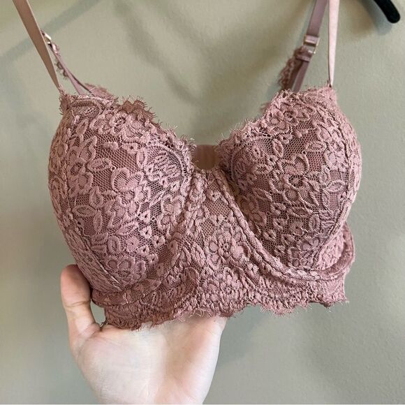 ✨ Aerie Floral Lace Real Power Balconette Lightly Lined Bra Dusty Pink 34D - Picture 2 of 6
